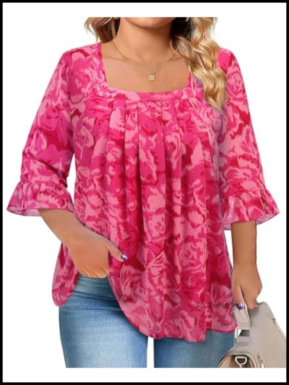 Chiffon Tunic Top Square Neck 3/4 Sleeve Loose Fit Blouse